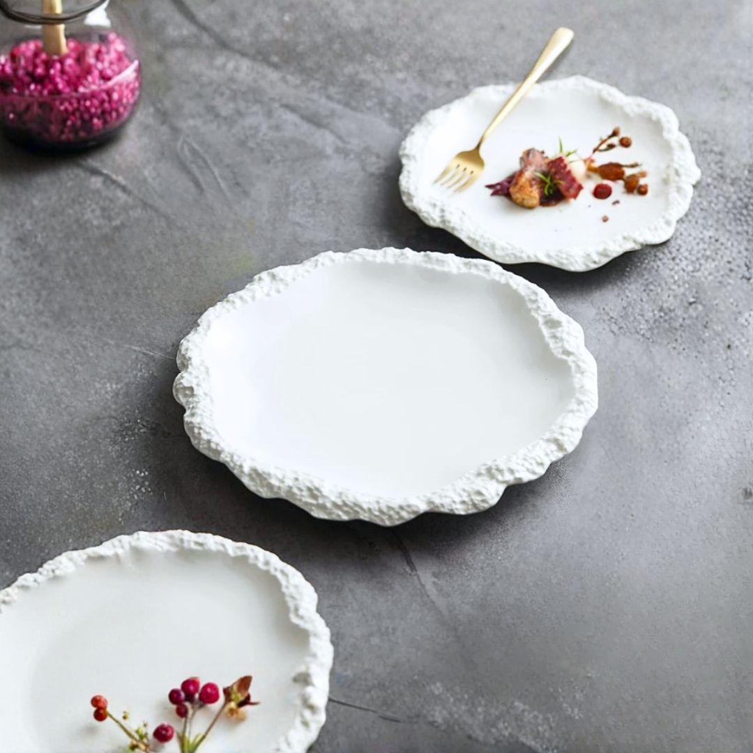 Irregular Rim Ceramic Plate Collection | White Serving Dishes for Salads & Pasta