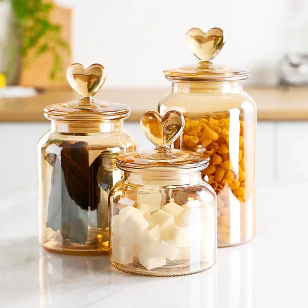 Amber Glass Airtight Food Storage Jars with Heart Lid | 4 Pattern Options