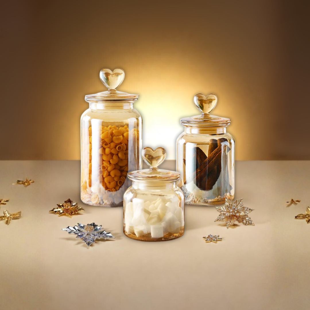 Amber Glass Airtight Food Storage Jars with Heart Lid | 4 Pattern Options
