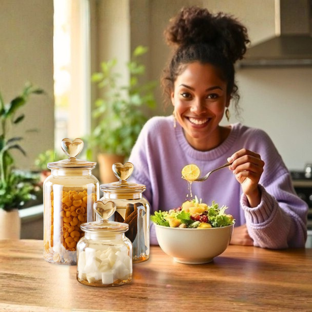 Amber Glass Airtight Food Storage Jars with Heart Lid | 4 Pattern Options