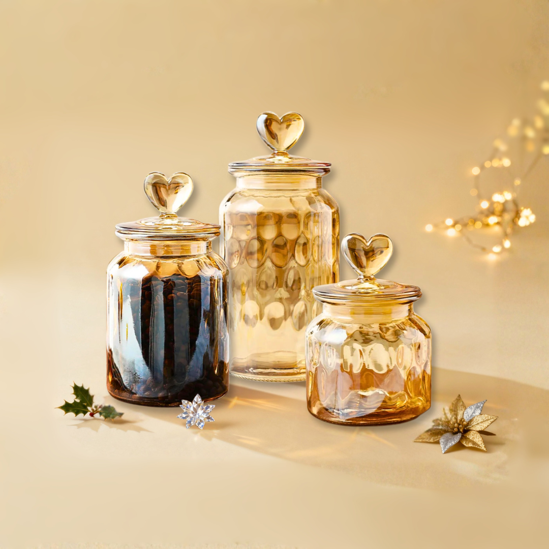 Amber Glass Airtight Food Storage Jars with Heart Lid | 4 Pattern Options